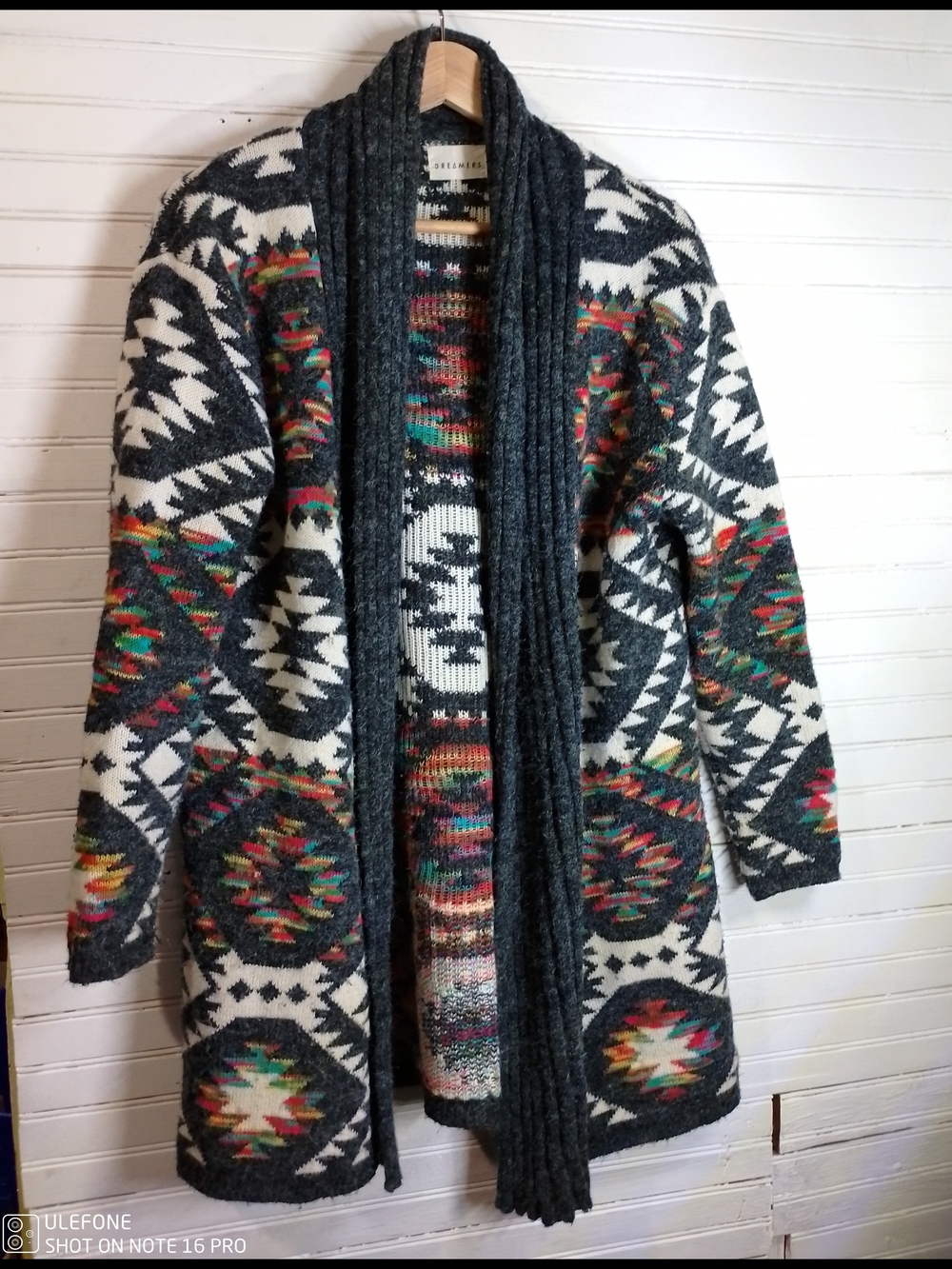 Dreamers Charcoal Multi Aztec Open-Front Shawl Collar Cardigan